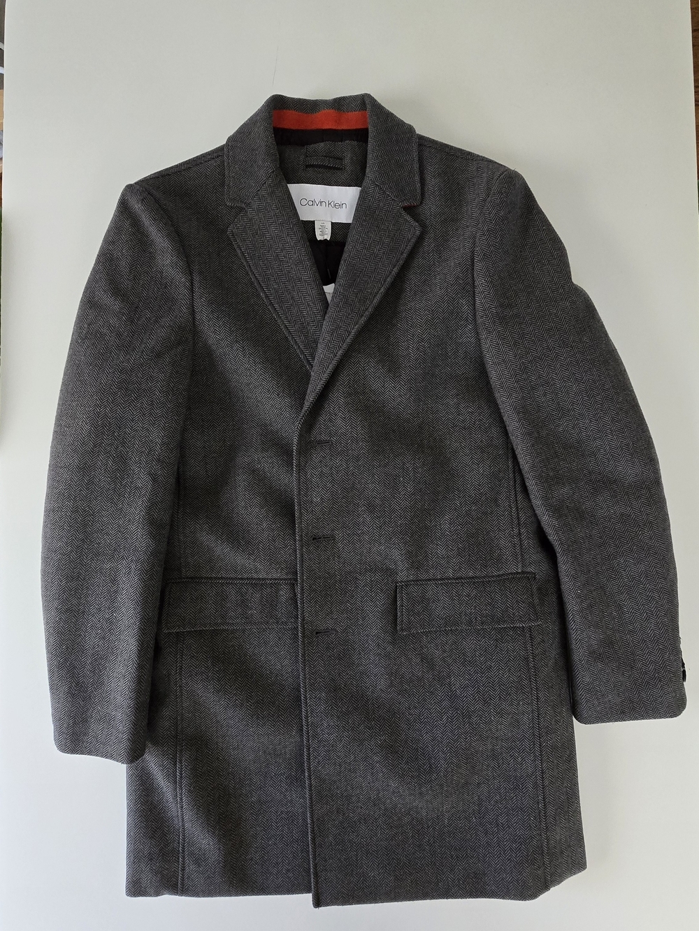 Calvin Klein Gray Herringbone Men's Coat with Black Quilted Lining
